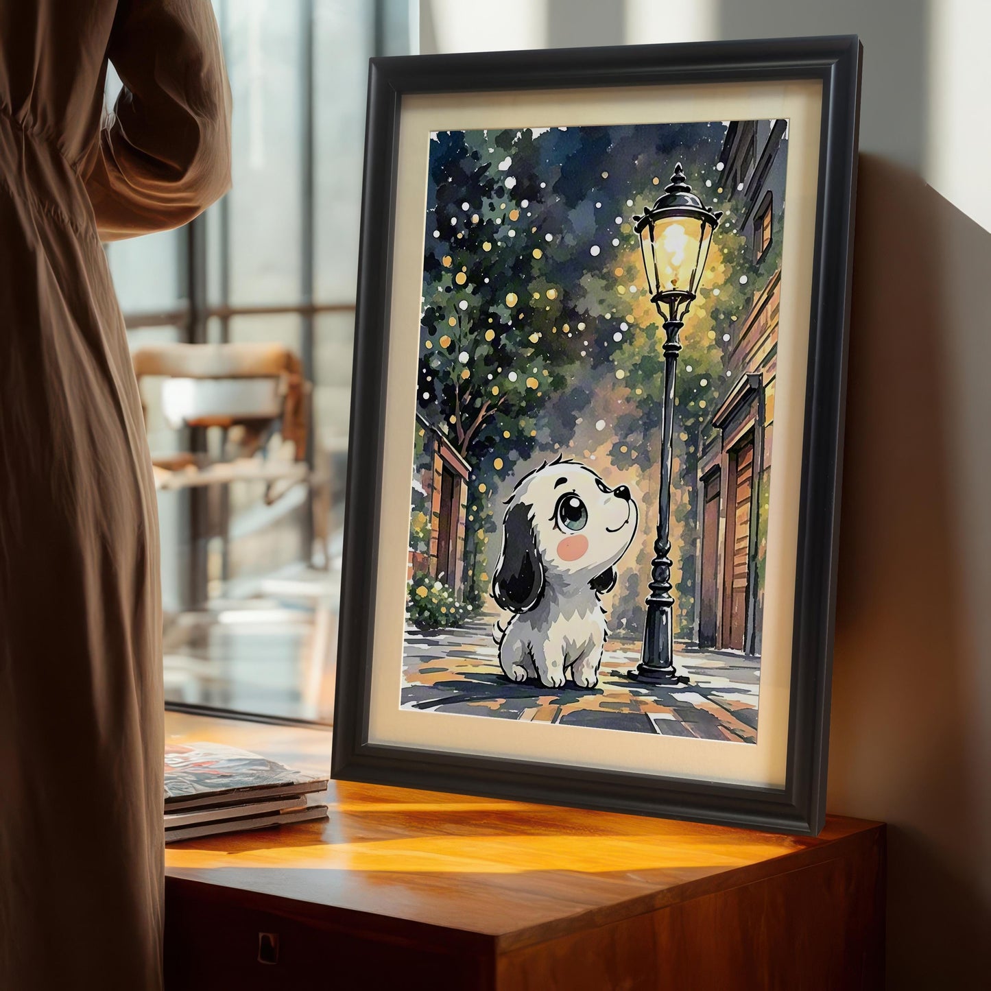 Puppy Watercolor Print in Wood Frame: Whimsical Nursery Wall Art