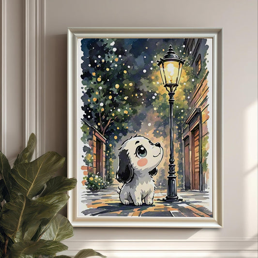 Puppy Watercolor Print in Wood Frame: Whimsical Nursery Wall Art
