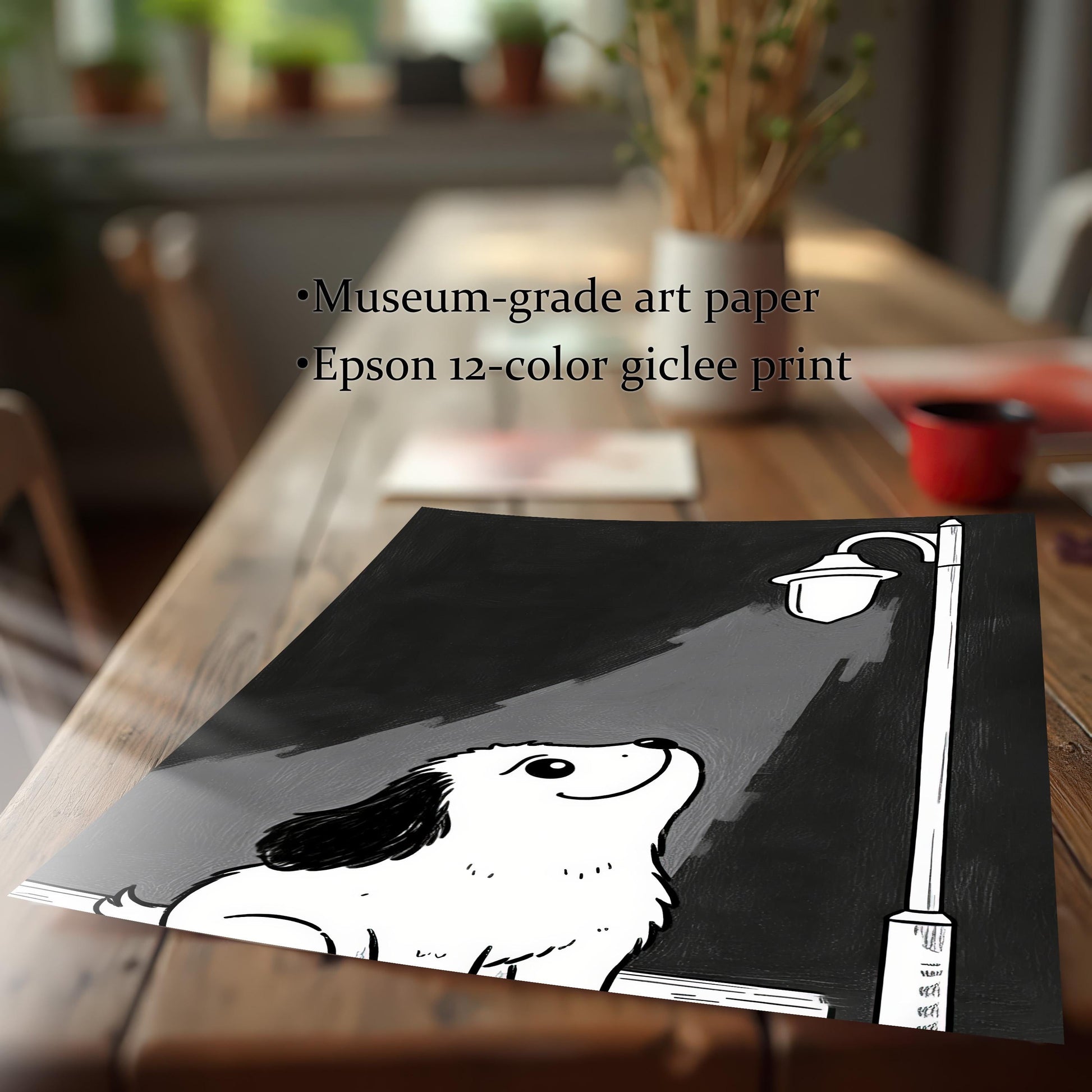 A print of a puppy under a lamppost on a wooden table, with text noting it's on "Museum-grade art paper" and is an "Epson 12-color giclee print."