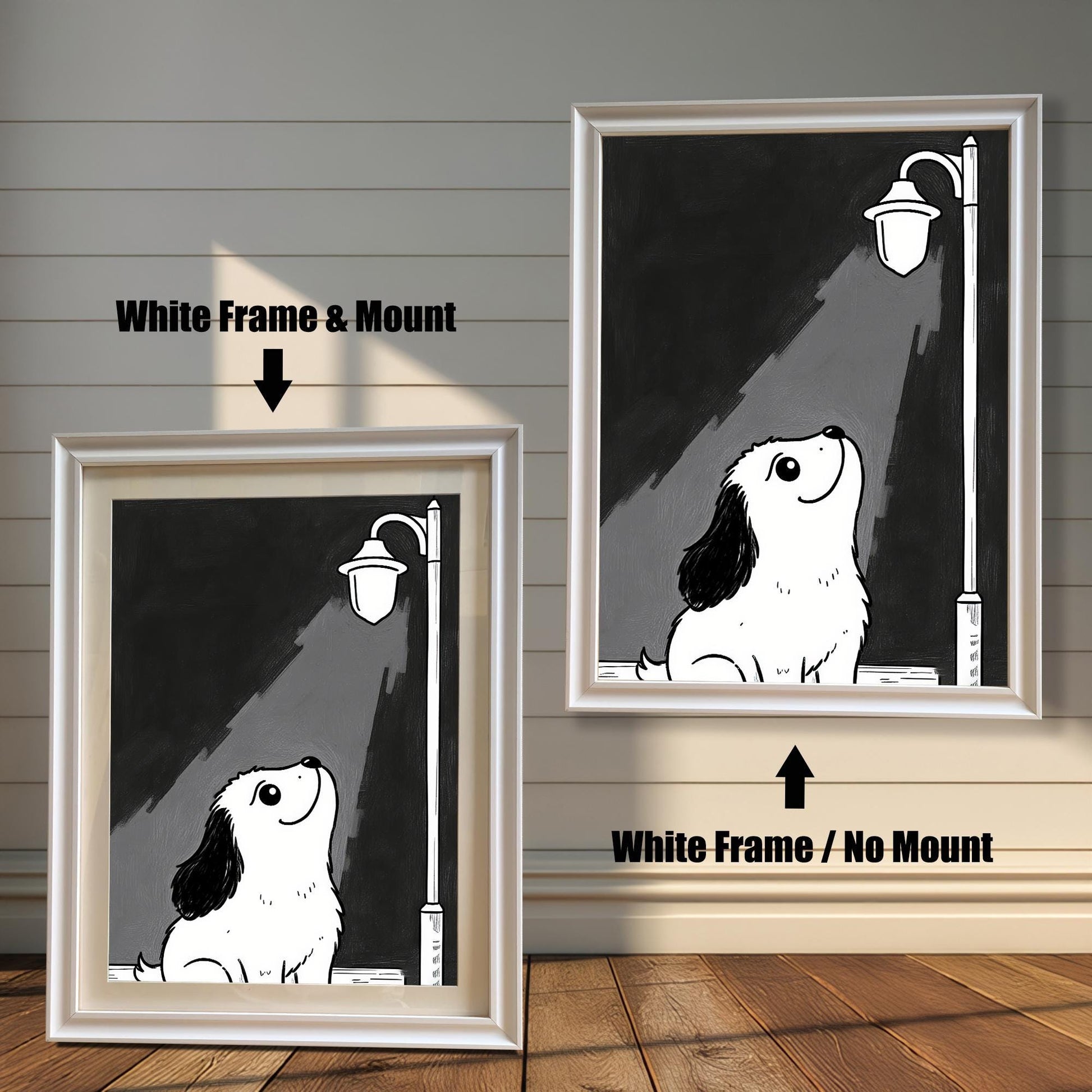 Two prints of a puppy under a lamppost. The left one has a "White Frame & Mount," and the right has a "White Frame / No Mount."