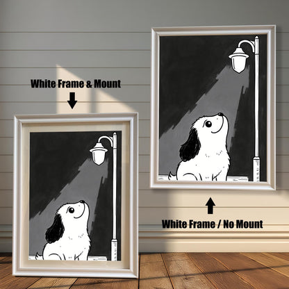 Two prints of a puppy under a lamppost. The left one has a "White Frame & Mount," and the right has a "White Frame / No Mount."
