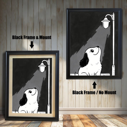 Two prints of a puppy under a lamppost. The left one has a "Black Frame & Mount," and the right has a "Black Frame / No Mount."