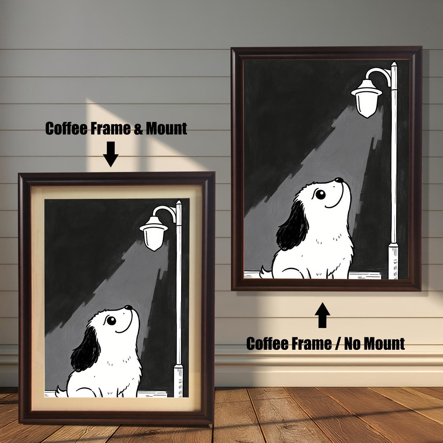 Two prints of a puppy under a lamppost. The left one has a "Coffee Frame & Mount," and the right has a "Coffee Frame / No Mount."