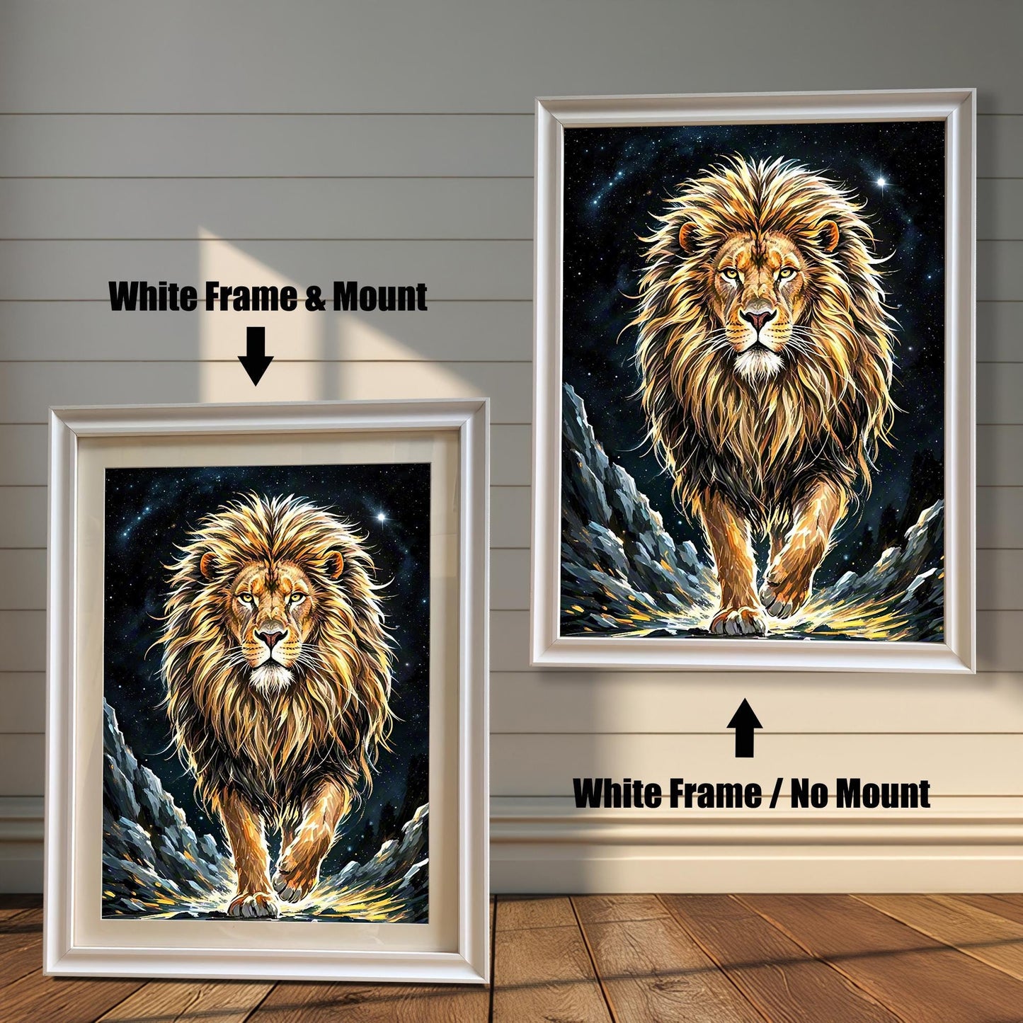 Two framed prints of a lion. The one on the left has a "White Frame & Mount," while the one on the right has a "White Frame / No Mount."