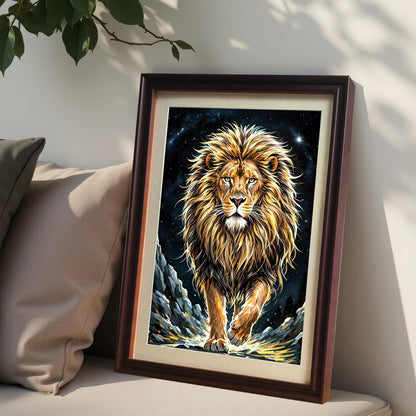 A framed art print of a lion walking under a starry sky, propped up against pillows on a light-colored bench.