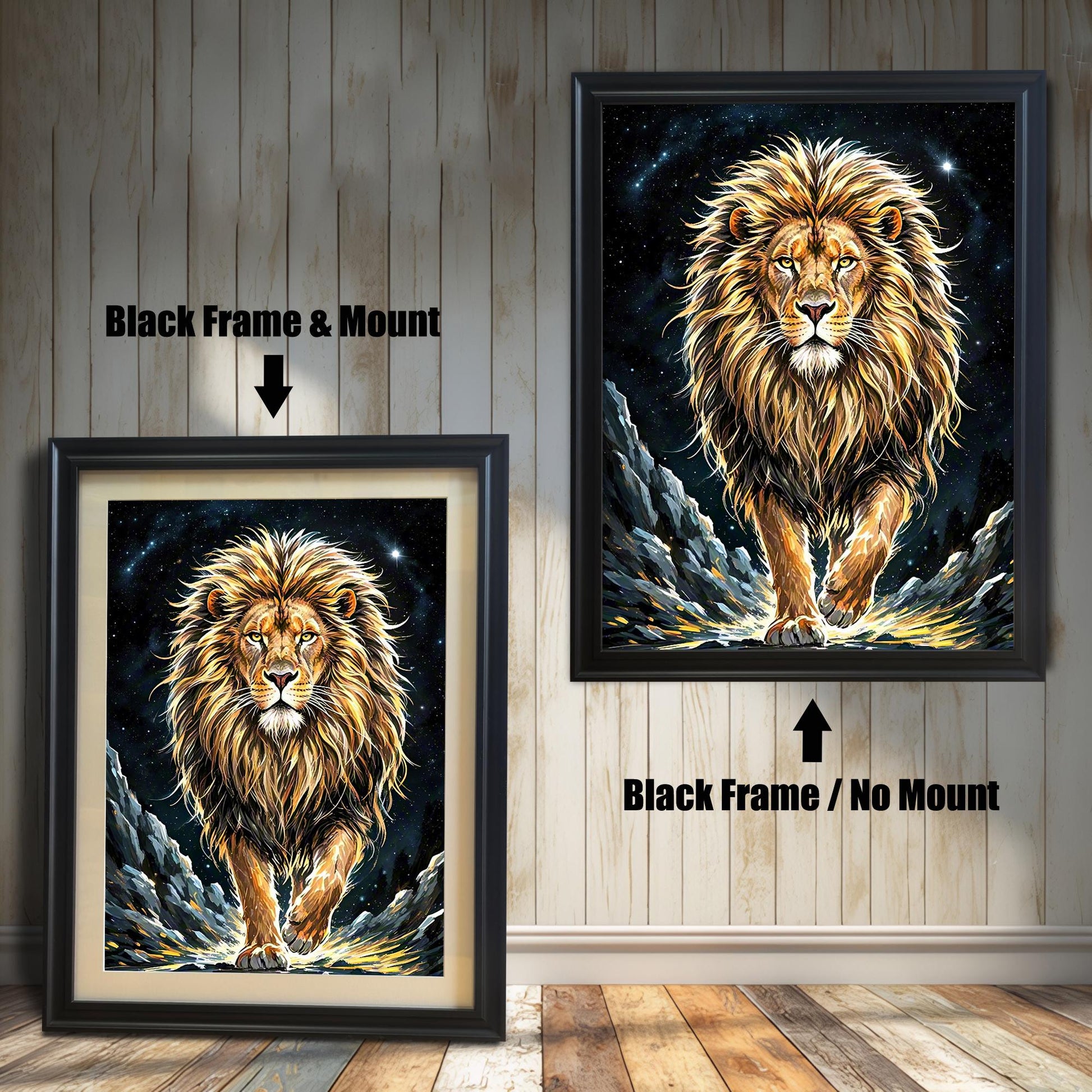 Two framed prints of a lion. The one on the left has a "Black Frame & Mount," while the one on the right has a "Black Frame / No Mount."
