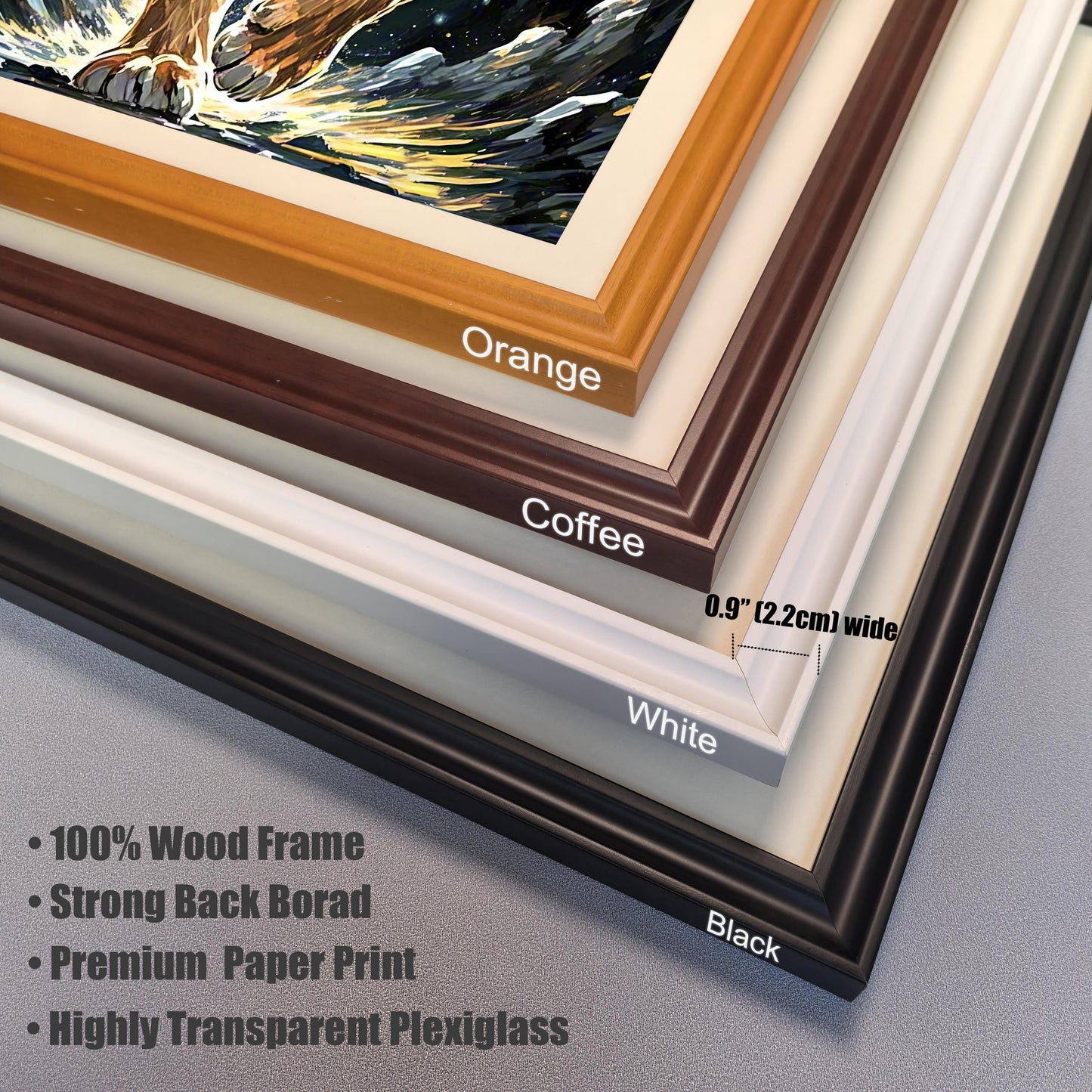 A close-up of four stacked frame corners in orange, coffee, white, and black, with text describing the "100% Wood Frame" and "Highly Transparent Plexiglass."