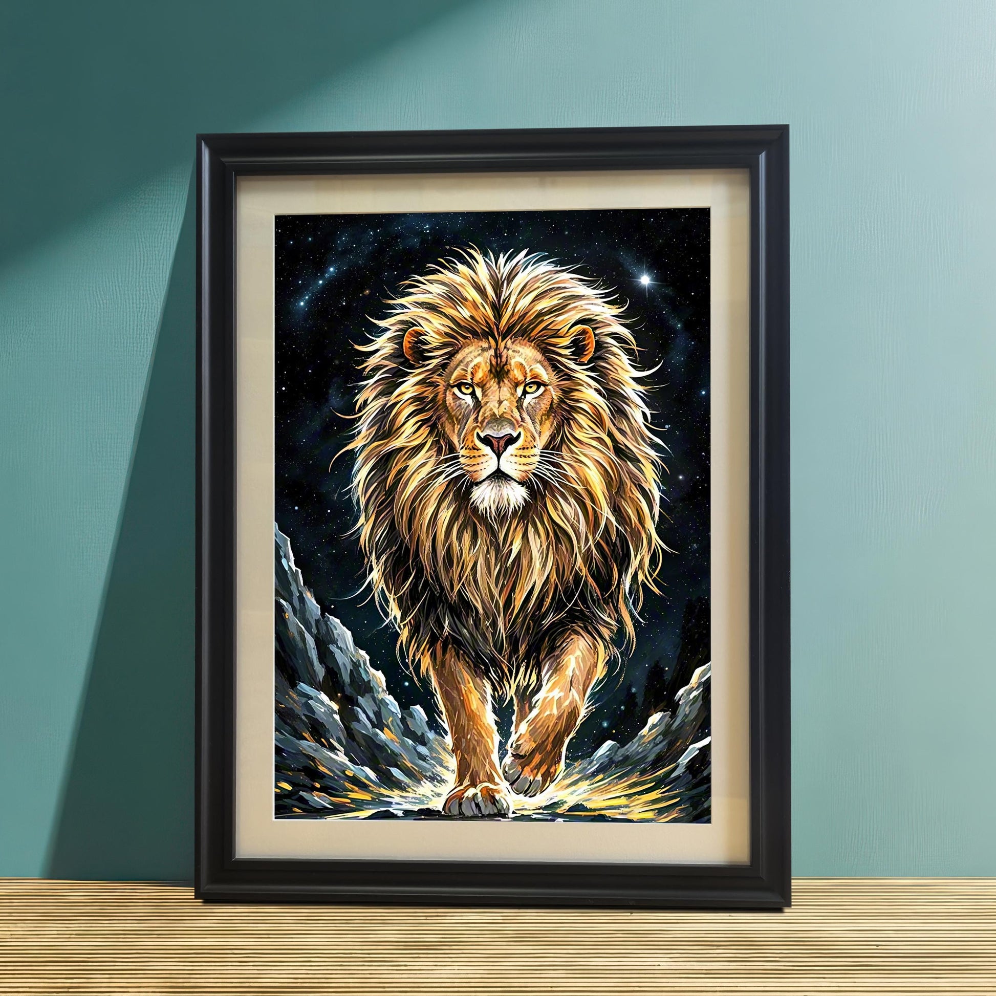A black-framed art print of a majestic lion walking under a starry sky, leaning on a wooden surface against a teal-colored wall.