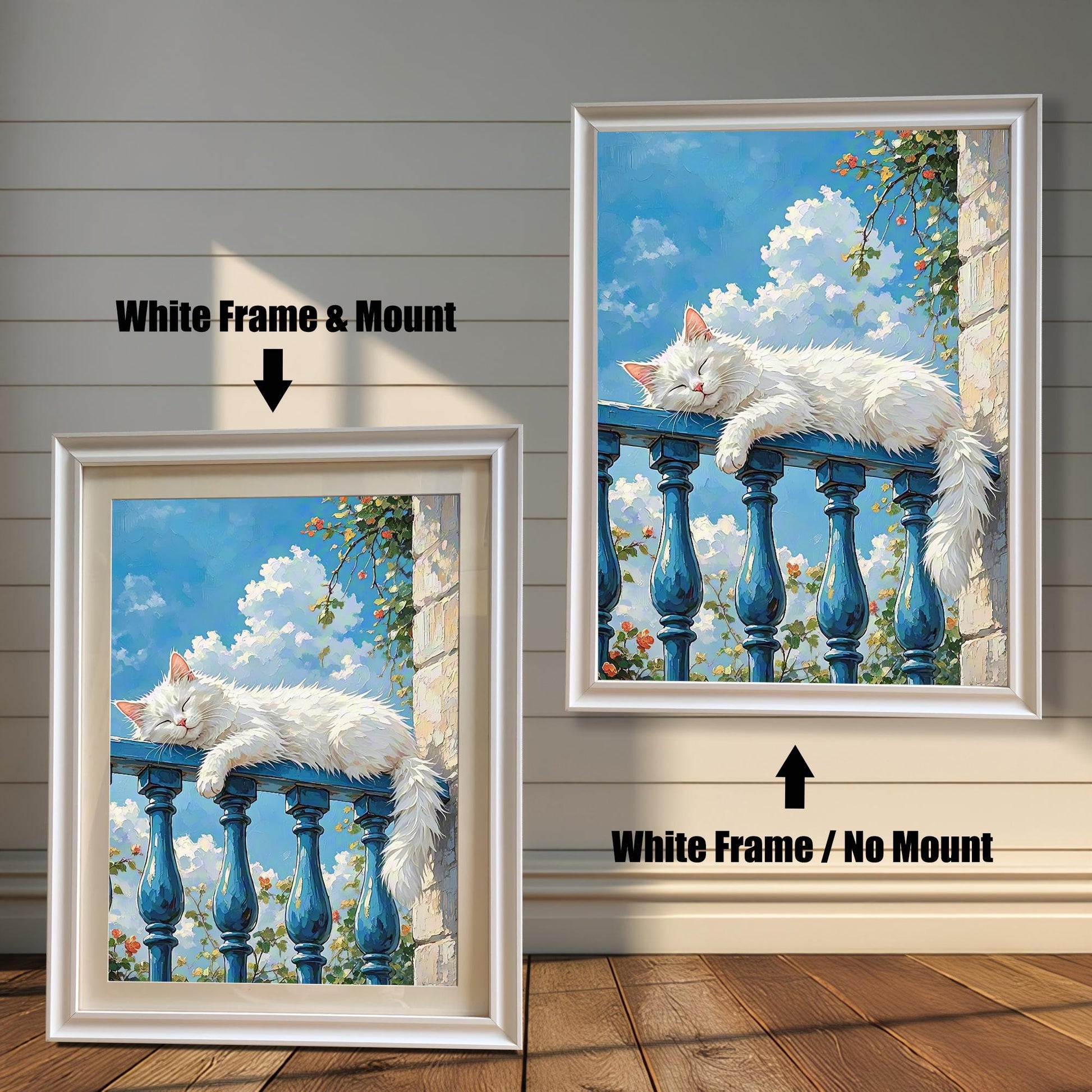 Two framed prints of a sleeping white cat. The one on the left has a "White Frame & Mount," and the one on the right has a "White Frame / No Mount."