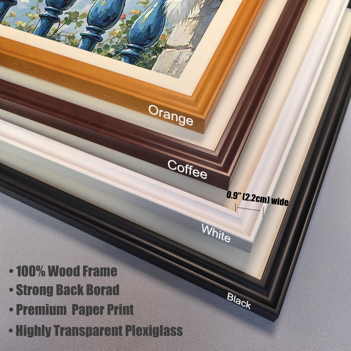 A close-up of four stacked frame corners in orange, coffee, white, and black, with text describing the "100% Wood Frame" and "Highly Transparent Plexiglass."