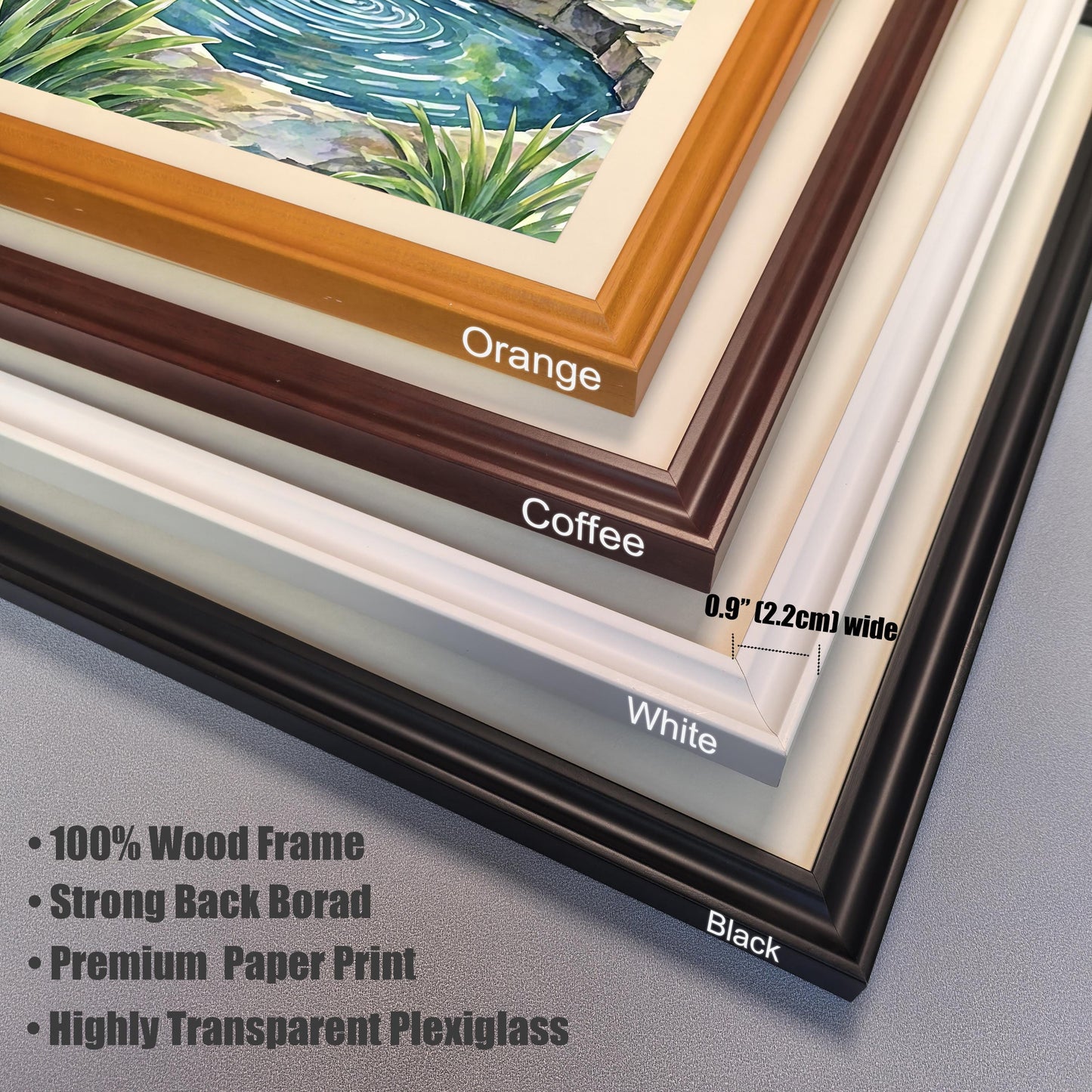 A close-up shot of four different frame color options—orange, coffee, white, and black—with text describing the material and dimensions.