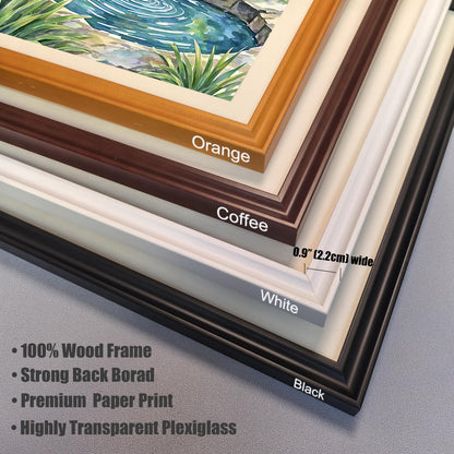 A close-up shot of four different frame color options—orange, coffee, white, and black—with text describing the material and dimensions.