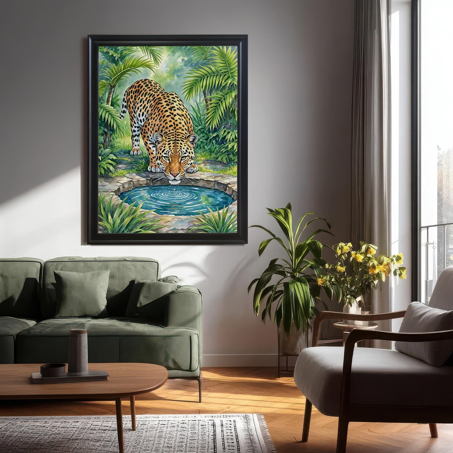 Framed wall art of a leopard drinking from a pool, hung in a living room above a green couch.
