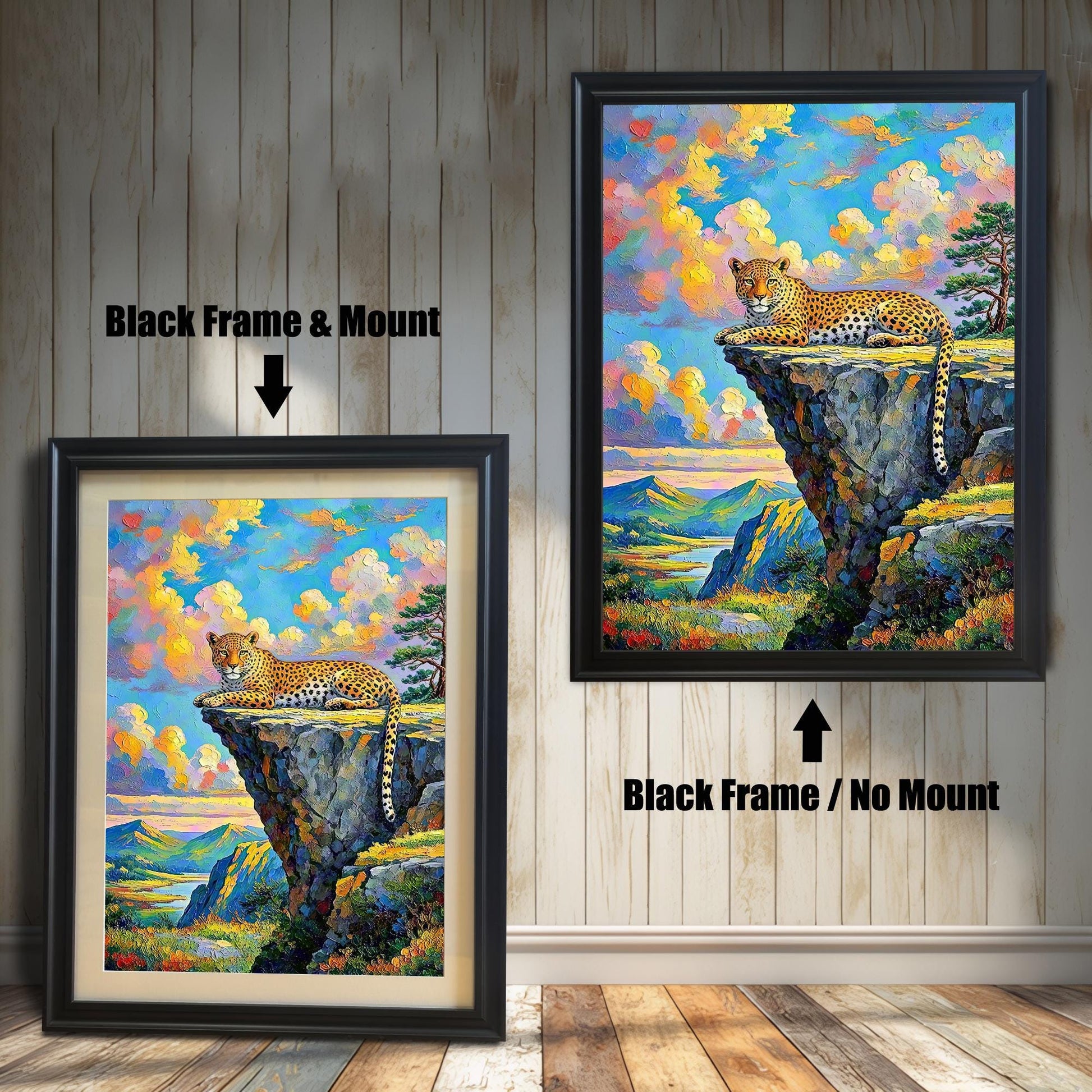 Two framed paintings of a leopard on a cliffside. The one on the left has a black frame with a mount, and the one on the right has a black frame with no mount.
