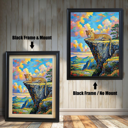 Two framed paintings of a leopard on a cliffside. The one on the left has a black frame with a mount, and the one on the right has a black frame with no mount.