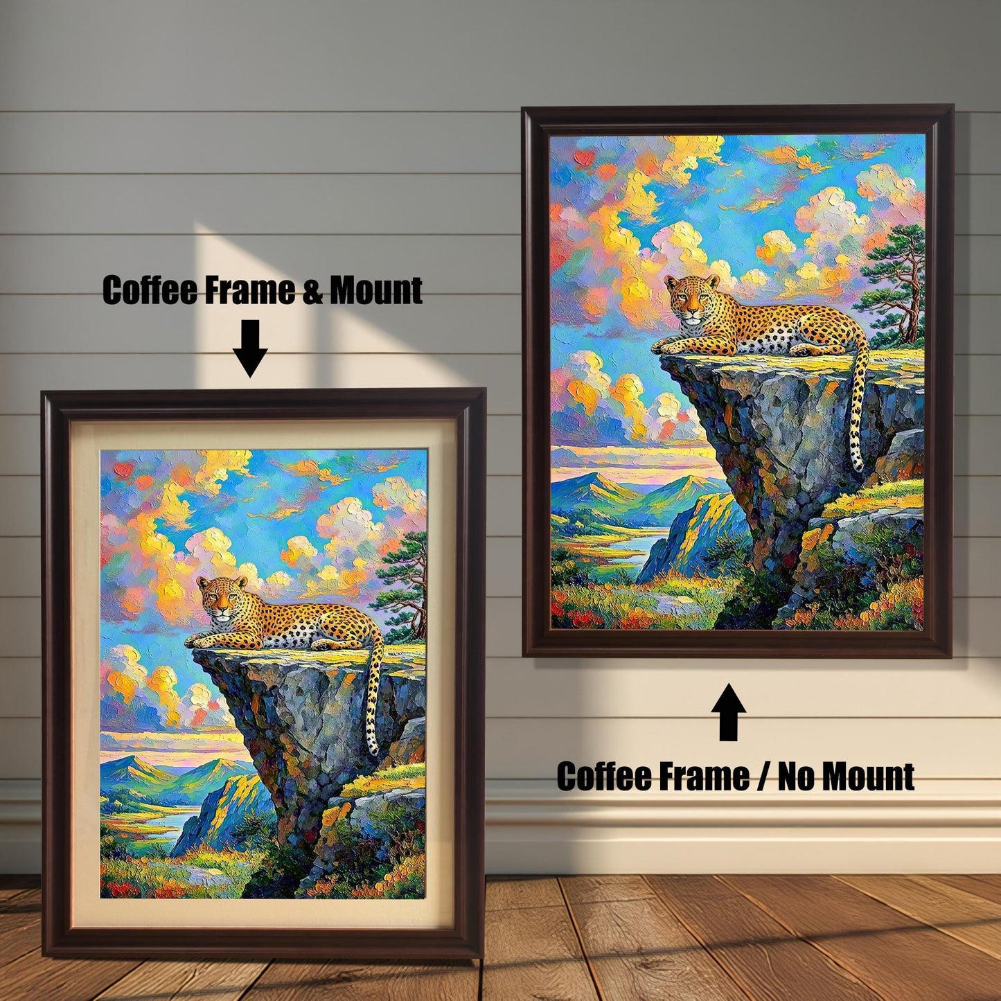 Two framed paintings of a leopard on a cliffside. The one on the left has a coffee frame with a mount, and the one on the right has a coffee frame with no mount.