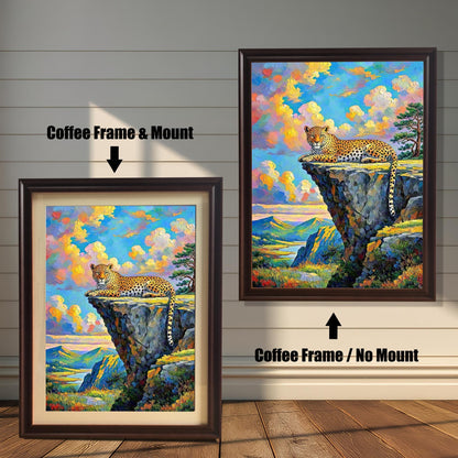 Two framed paintings of a leopard on a cliffside. The one on the left has a coffee frame with a mount, and the one on the right has a coffee frame with no mount.