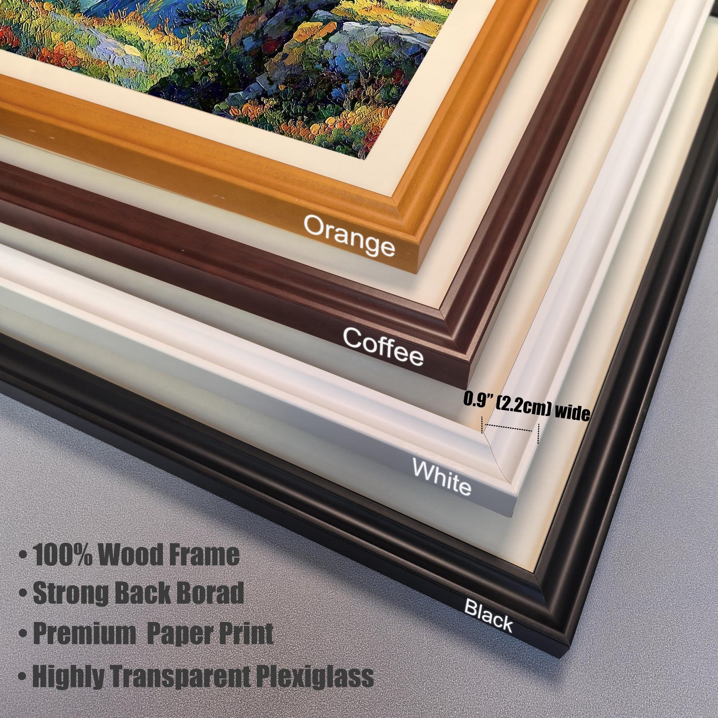 A close-up shot of four different frame color options—orange, coffee, white, and black—with text describing the material and dimensions.