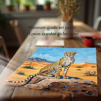 A close-up of an unframed print of a cheetah in a desert, resting on a wooden table.