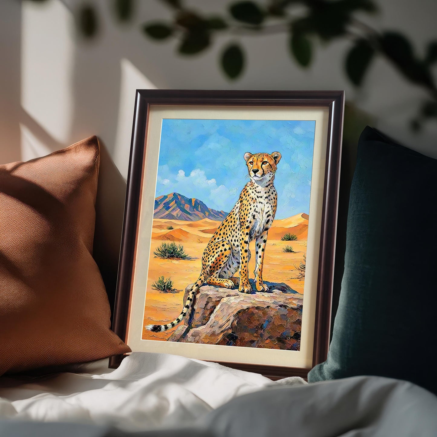 Framed wall art of a cheetah in a desert, leaning against pillows on a couch.