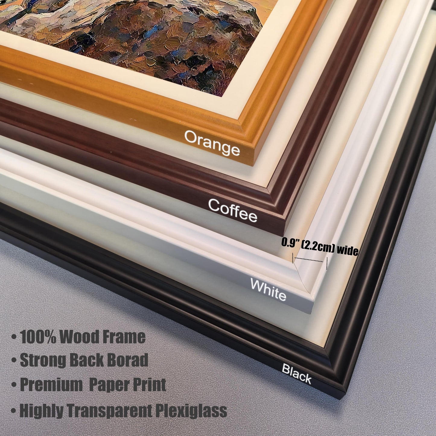A close-up shot of four different frame color options—orange, coffee, white, and black—with text describing the material and dimensions.