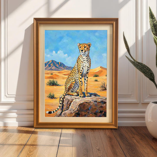 Framed wall art of a cheetah in a desert, leaning against a white paneled wall next to a plant in a white pot.