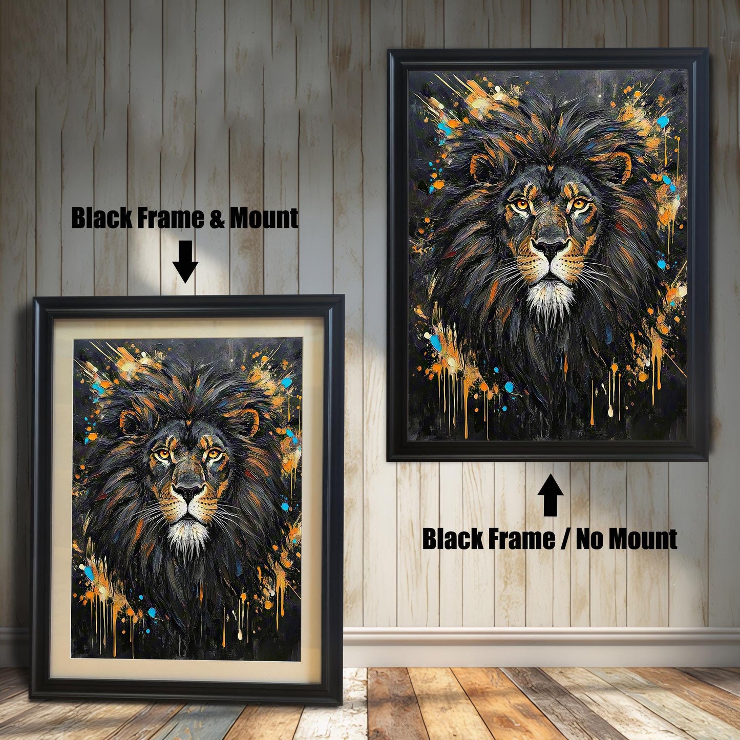 Two framed paintings of an abstract lion portrait. The left has a black frame with a mount, and the right has a black frame with no mount.