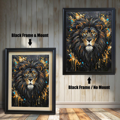 Two framed paintings of an abstract lion portrait. The left has a black frame with a mount, and the right has a black frame with no mount.