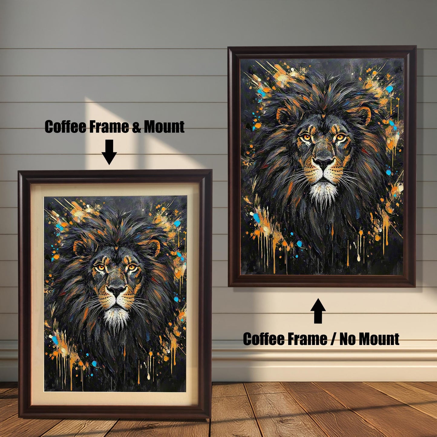 Two framed paintings of an abstract lion portrait. The left has a coffee frame with a mount, and the right has a coffee frame with no mount.