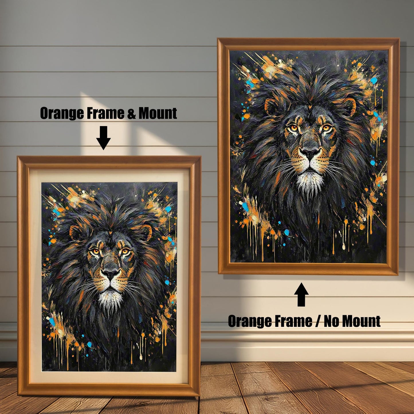 Two framed paintings of an abstract lion portrait. The left has an orange frame with a mount, and the right has an orange frame with no mount.