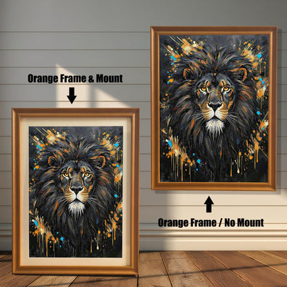 Two framed paintings of an abstract lion portrait. The left has an orange frame with a mount, and the right has an orange frame with no mount.