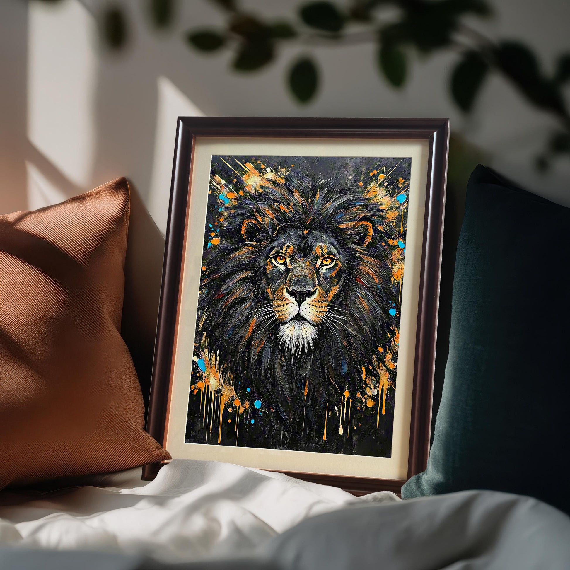 Framed wall art of an abstract lion portrait, leaning against pillows on a couch.