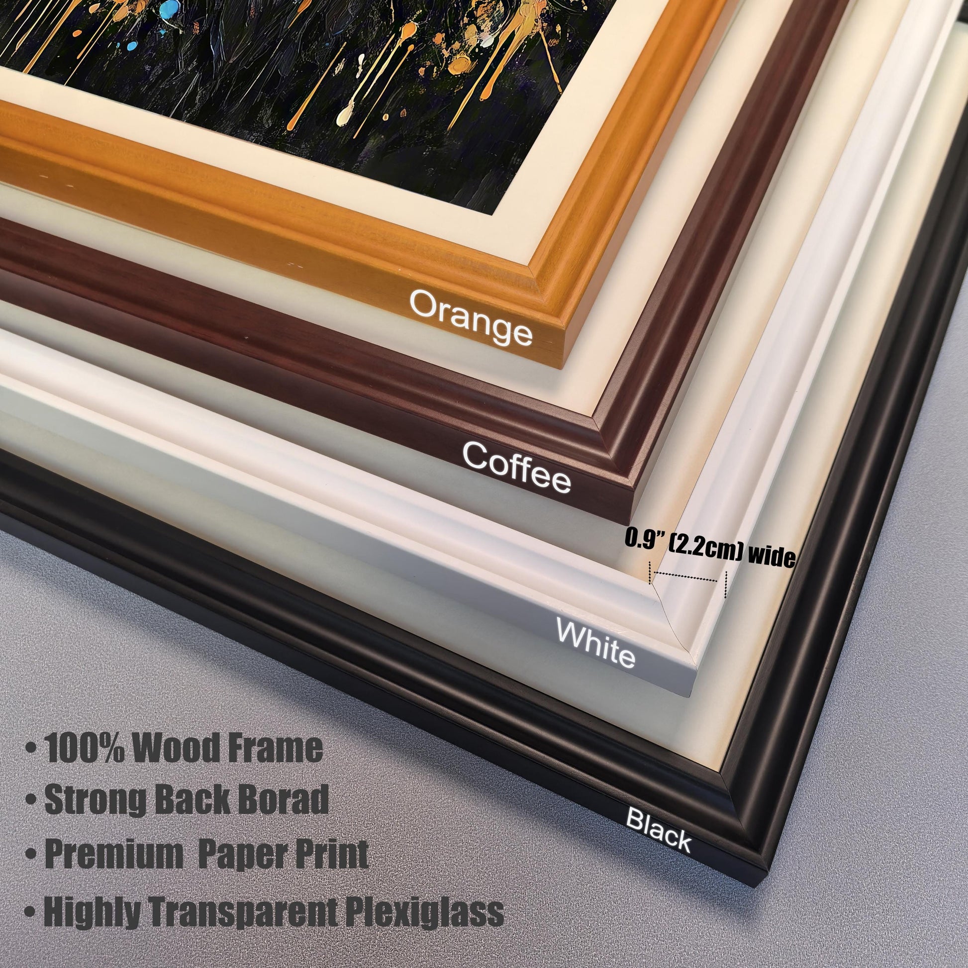 A close-up shot of four different frame color options—orange, coffee, white, and black—with text describing the material and dimensions.