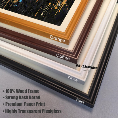 A close-up shot of four different frame color options—orange, coffee, white, and black—with text describing the material and dimensions.