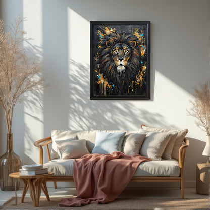 Framed wall art of an abstract lion portrait, hung in a living room above a couch.