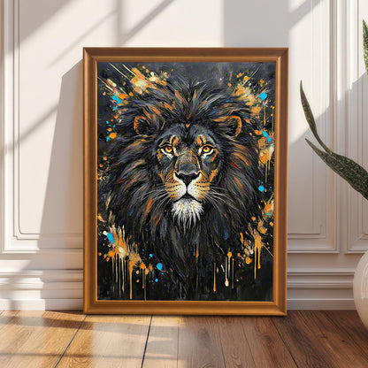 Framed wall art of an abstract lion portrait, leaning against a white paneled wall next to a plant in a white pot.