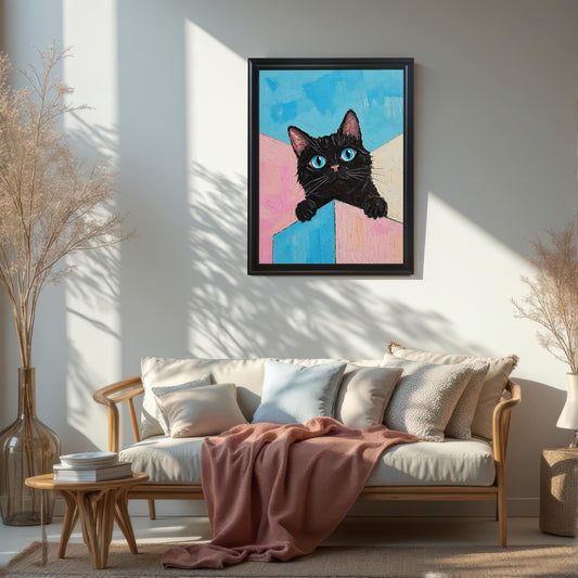 A black cat painting with vibrant blue eyes hangs on a white wall above a sofa.