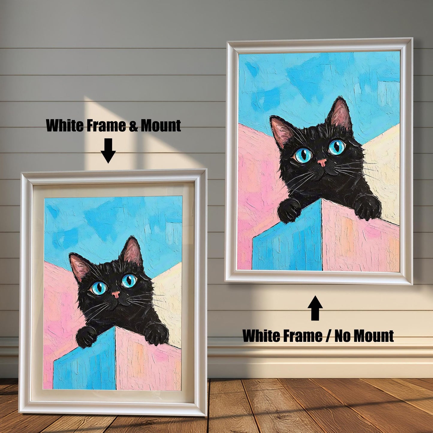 A side-by-side comparison of a black cat painting with a white frame and mount on the left, and a white frame with no mount on the right.