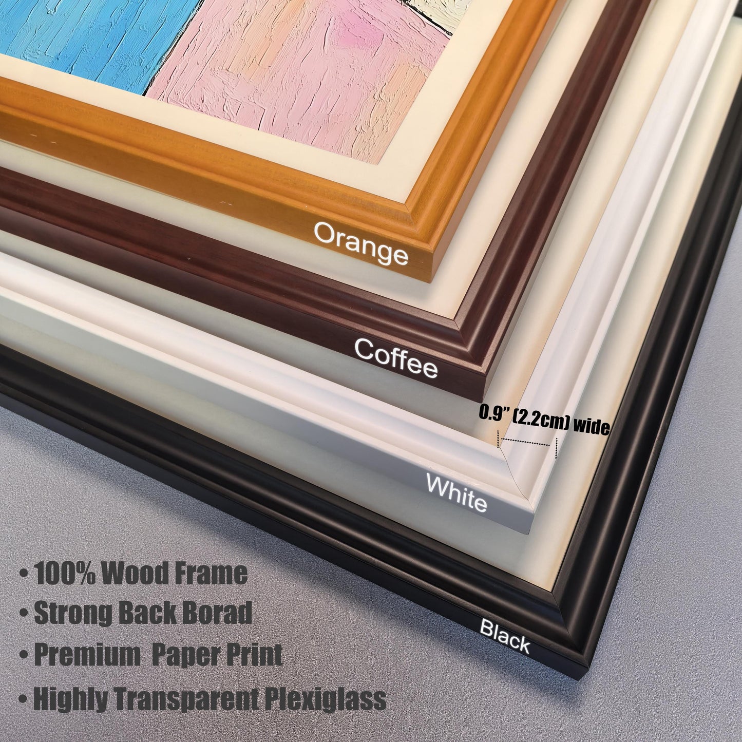 A close-up of four frame samples: orange, coffee, white, and black. Text lists frame materials like 100% wood, a strong backboard, and highly transparent plexiglass.