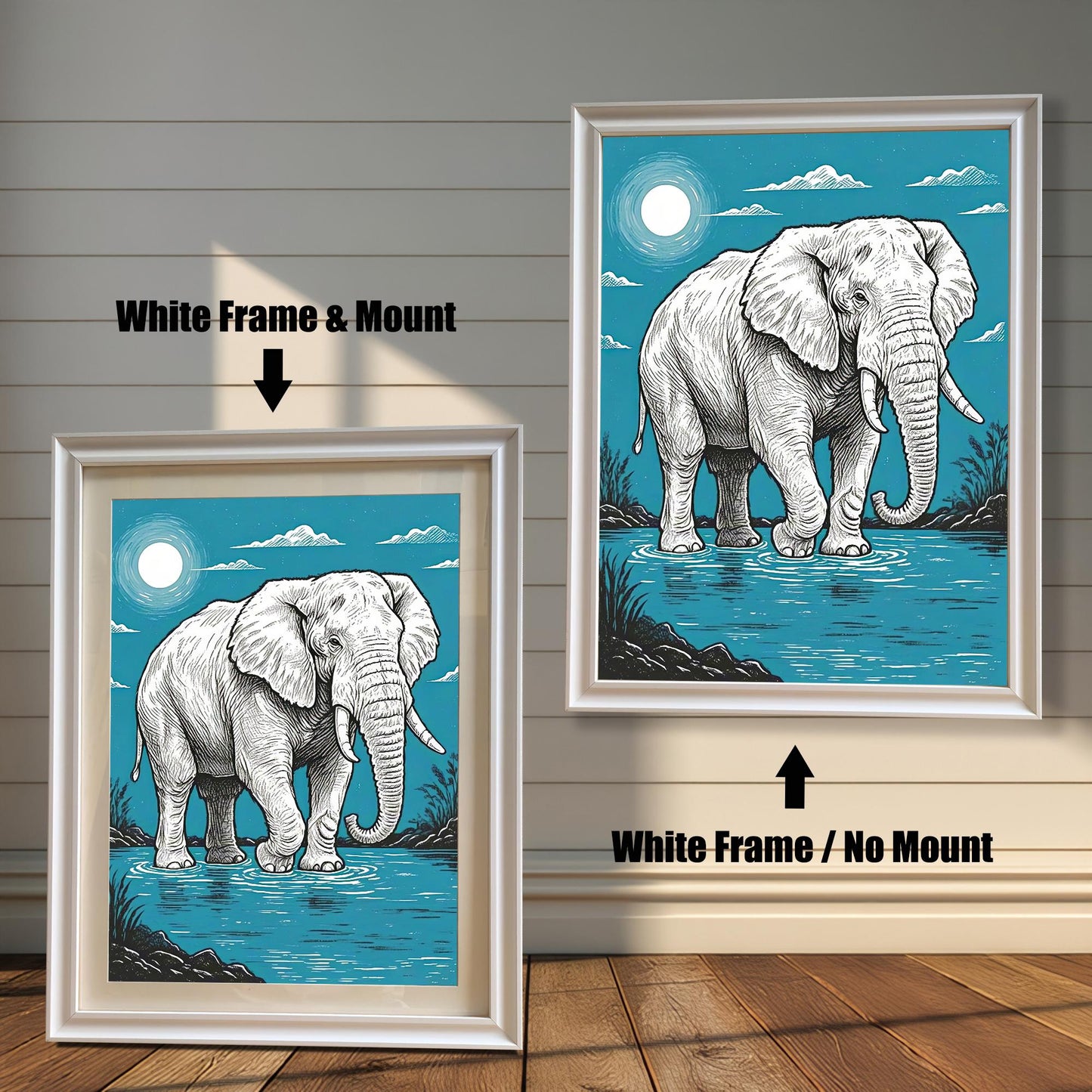 A painting of an elephant standing in water, with a full moon in a blue sky, shown in a white frame with a mount and a white frame without a mount.