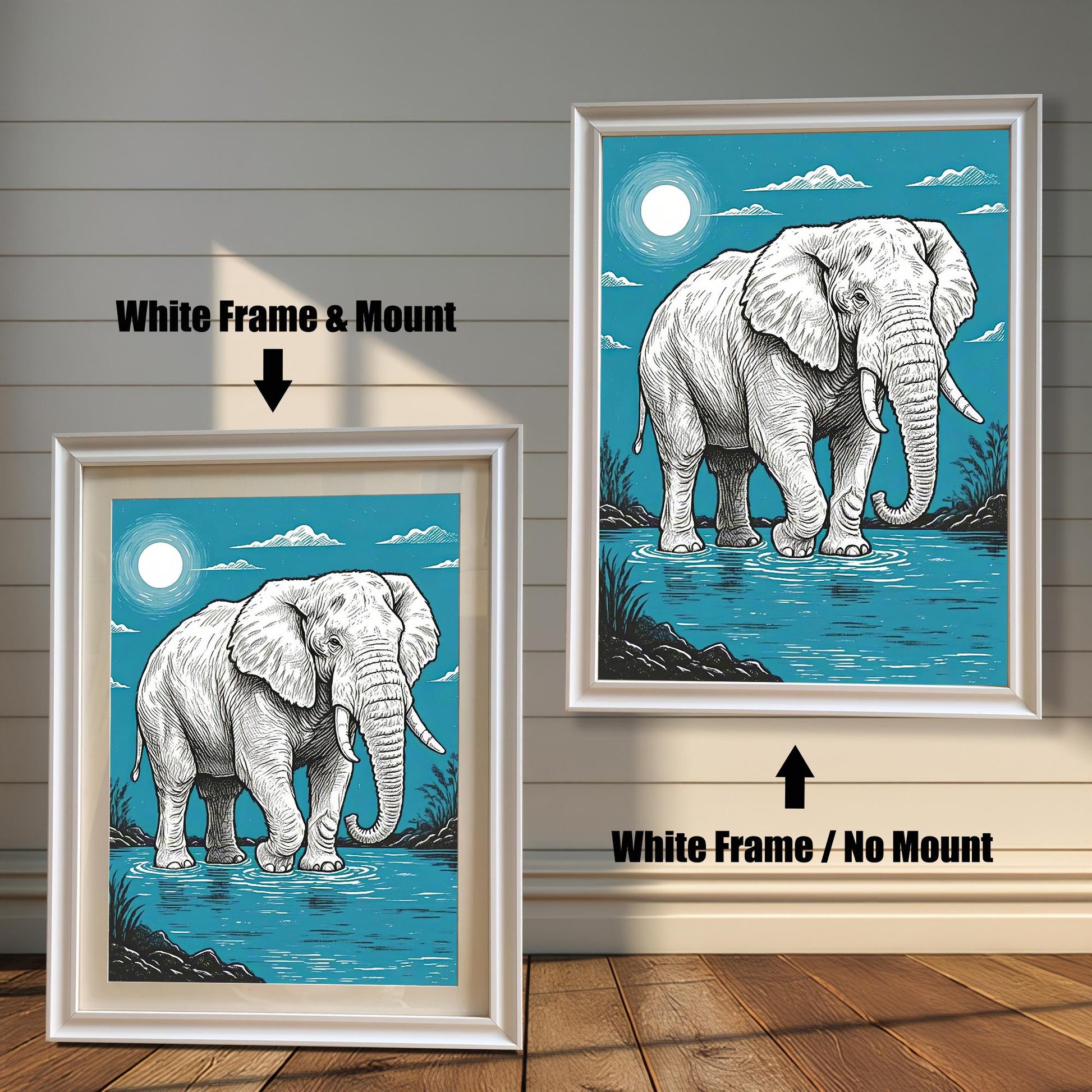 A painting of an elephant standing in water, with a full moon in a blue sky, shown in a white frame with a mount and a white frame without a mount.