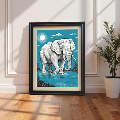A framed painting of an elephant standing in water, with a full moon in a blue sky, in a black frame, leaning against a white wall next to a potted plant.