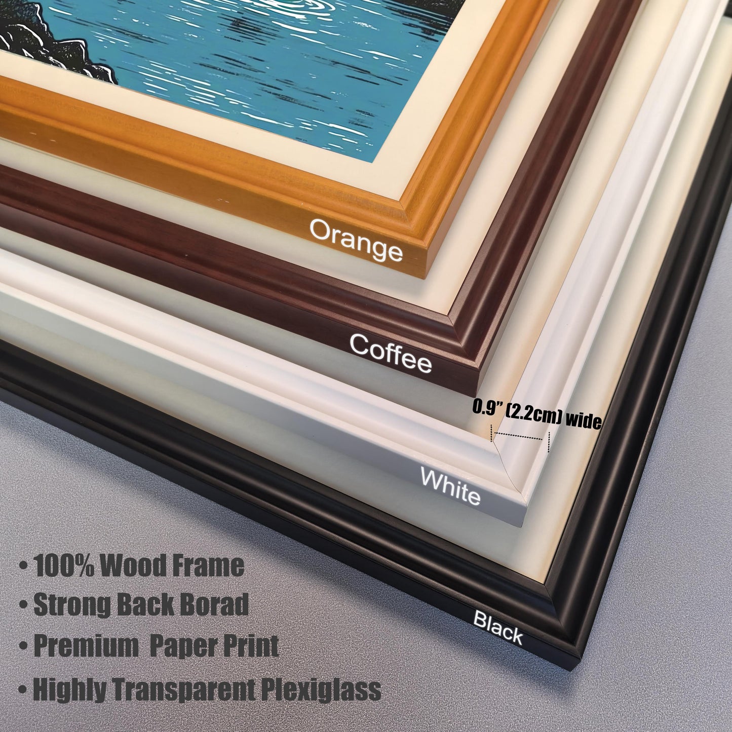 Stacked corners of four different picture frames in orange, coffee, white, and black, with text describing frame materials and width.
