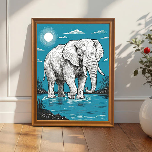 A framed painting of an elephant standing in water, with a full moon in a blue sky. The frame is orange and the art is leaning against a wall next to a potted plant.