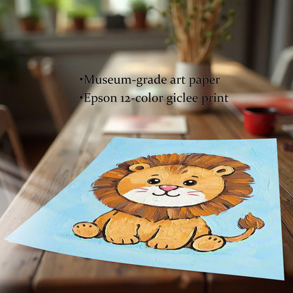 A close-up, angled view of the art print on a wooden table. Text lists its features: "Museum-grade art paper," "Epson 12-color giclee print."