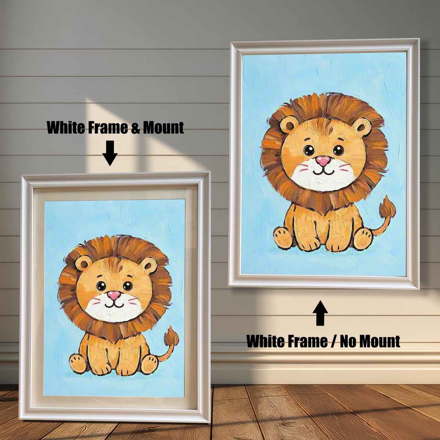 Two versions of the same cartoon lion painting. On the left, a white frame with a white mount. On the right, the same frame without a mount.