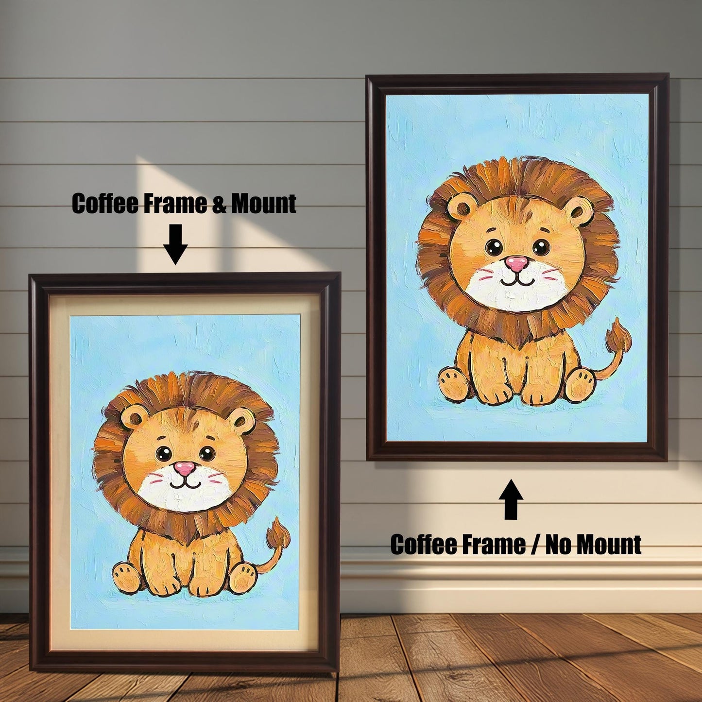 Two versions of the same cartoon lion painting. On the left, a coffee-colored frame with a white mount. On the right, the same frame without a mount.