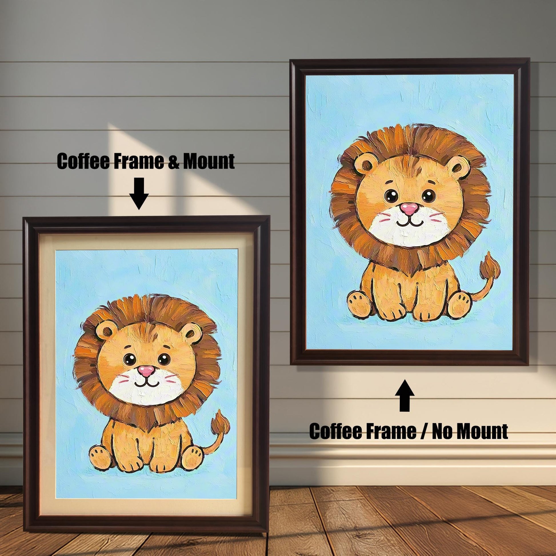 Two versions of the same cartoon lion painting. On the left, a coffee-colored frame with a white mount. On the right, the same frame without a mount.