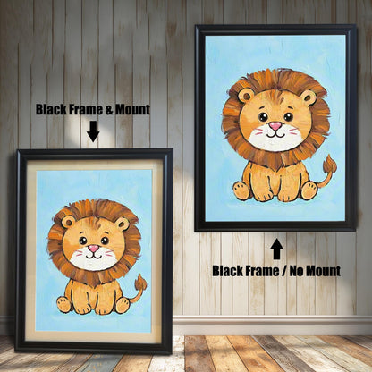 Two versions of the same cartoon lion painting. On the left, a black frame with a white mount. On the right, the same frame without a mount.