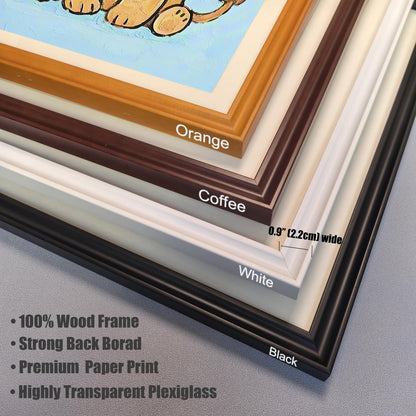 A close-up of four different frame corners, stacked and labeled as Orange, Coffee, White, and Black. The text also lists frame features.